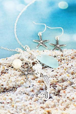 Silertone Mermaid Charm Pendant Necklace & Earring Set