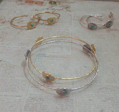 Blue Isle Brass Bangle & Hoops or Brass and Reconstituted Turquoise Bangle & Earrings w/ Sterling Silver backs.