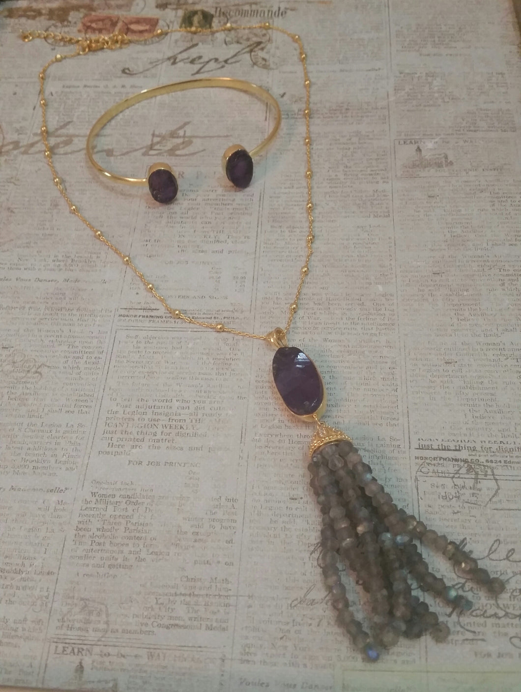 14K Gold Plated Amethyst and Labradorite tassel Necklace and a Rough Cut Amethyst Split Bangle Set