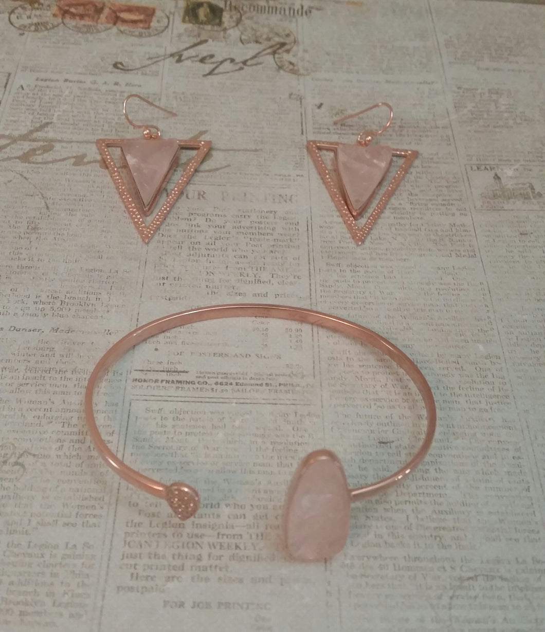14K Rose Gold Plated Rose Quartz and CZ Open Cuff Bracelet and Triangle Earring Set