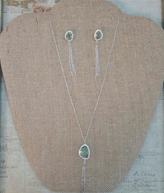 Rhodium Plated Sea Green Glass and Tassel Drop Necklace and Earring Set