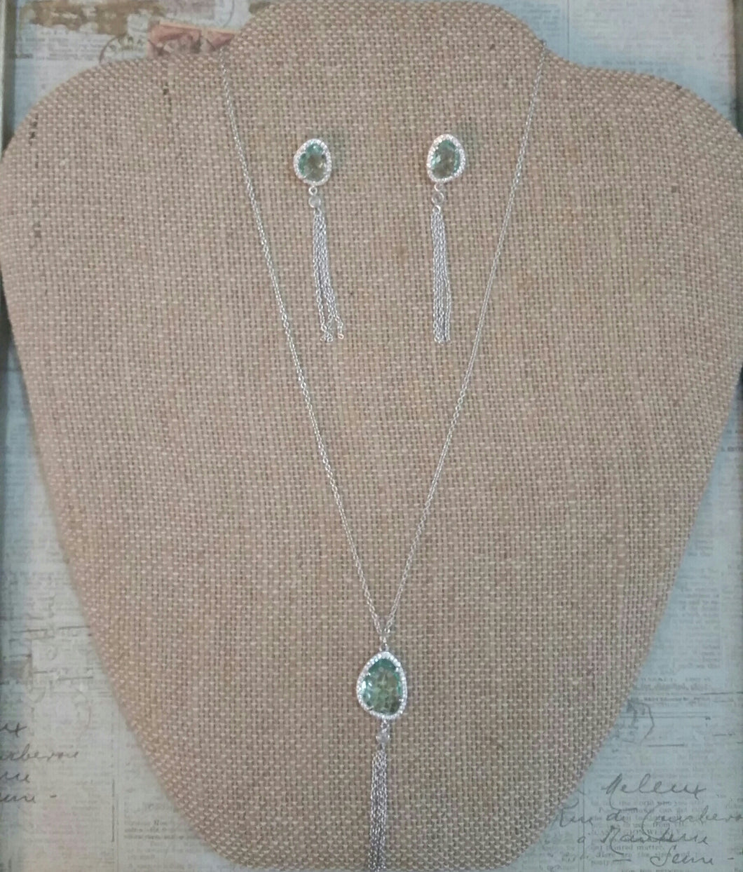 Rhodium Plated Sea Green Glass and Tassel Drop Necklace and Earring Set