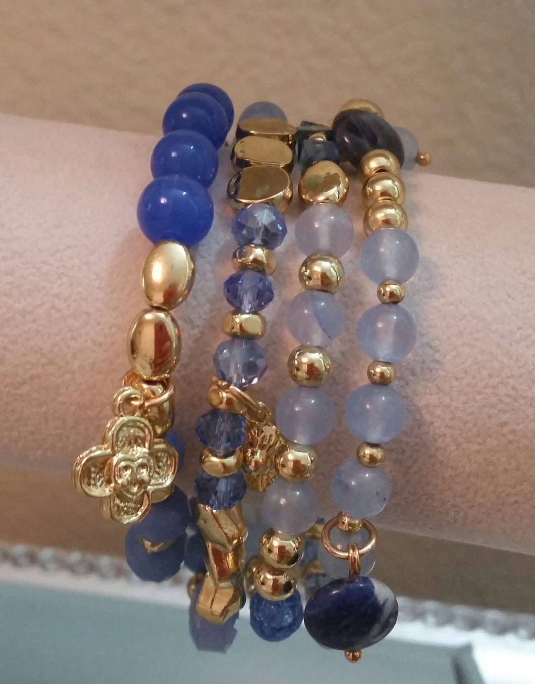 Set of 4 Gold Tone Multi-Charm Fashion Stretch Bracelets w/ Blue Agate