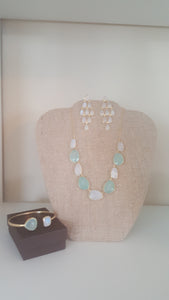 14 Karat Gold Plated Rainbow Moonstone and Green Chalcedony Necklace and Bangle set
