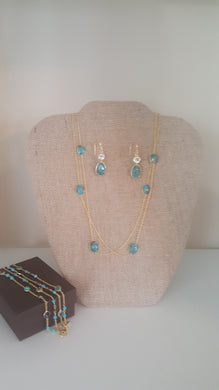 14 Karat Gold Plated Turquoise Stone Endless Necklace and Earrings set