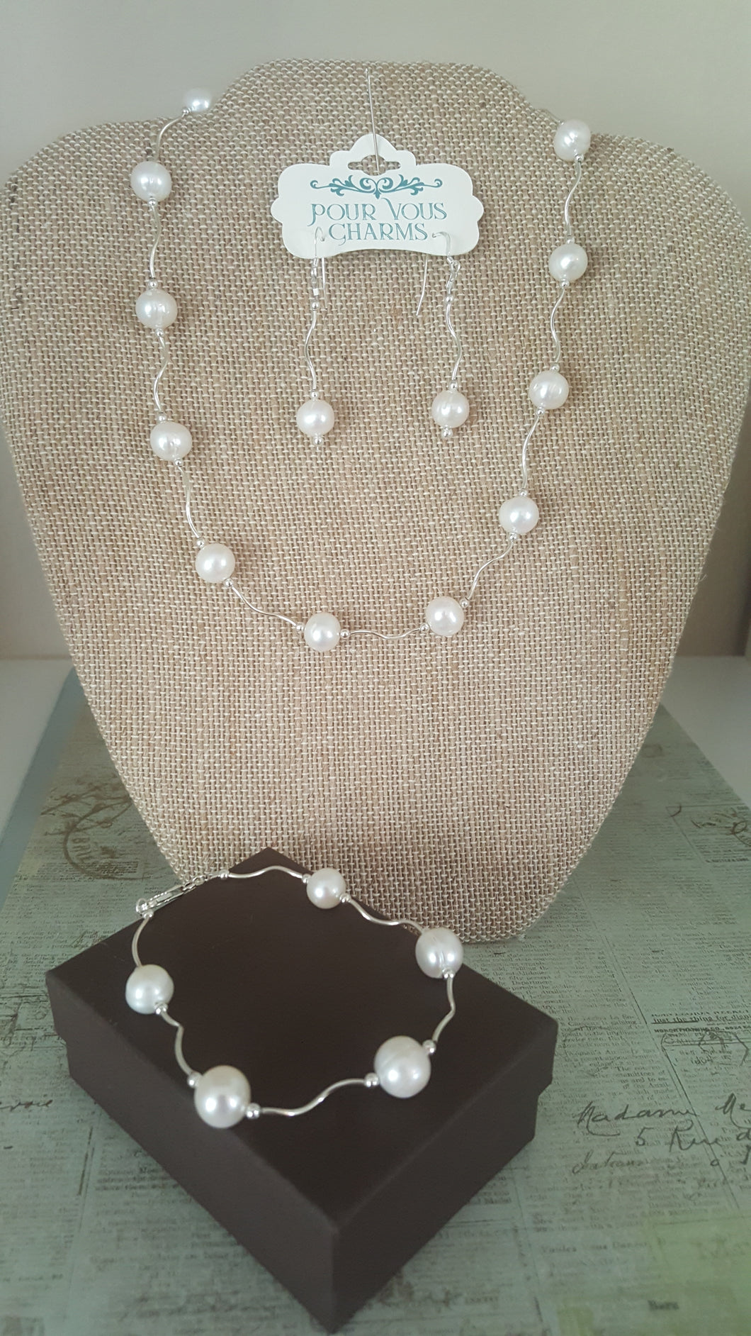 Extension Wave Design Necklace ,Bracelet and Earrings Set with Cultured Freshwater Pearls