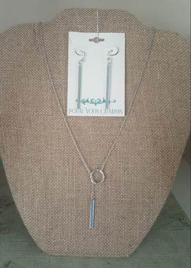 RHODIUM Plated Nano Turquoise Bar Lariat Necklace & Earrings set