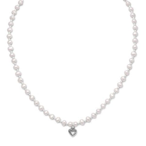 Cultured Freshwater Pearl/Silver Bead Necklace with Oxidized Heart