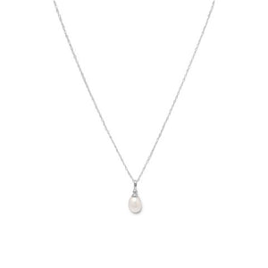 Rhodium Plated Cultured Freshwater Pearl Drop Necklace