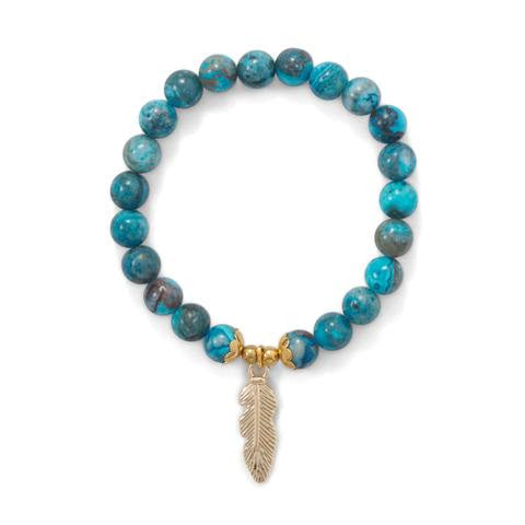 Dyed Agate Stretch Bracelet with Feather Charm