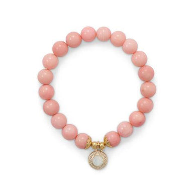 Dyed Coral Stretch Bracelet with Crystal Charm