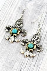 Burnish Two-Tone and Turquoise Flower Etched Fleur de Lis Earrings