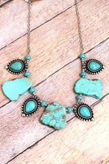 Chunky Turquoise Stone and Burnished Silvertone Concho Necklace