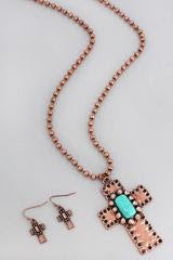 Burnished Coppertone Western Cross Necklace and Earring Set