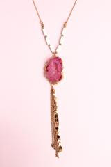 Pink Geode Slice and Worn Goldtone Chain Tassel Pendant Necklace