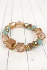 Green Faceted and Gold Cube Bead Stretch Bracelet