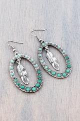 Bead and Dangling Feather Oval Hoop Earrings