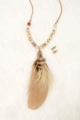 Natural Bead and Feather Worn Goldtone Necklace and Earring Set