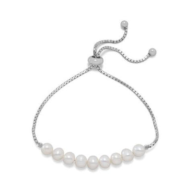 Rhodium Plated Cultured Freshwater Pearl Bolo Bracelet