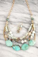 Layered Amazonite and Worn Goldtone Beaded Necklace and Earring Set